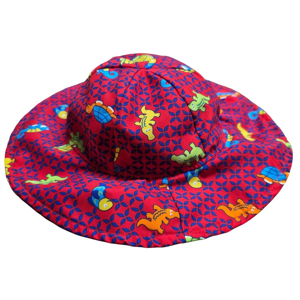 Red Animal Print Sun Hat Wide Brim Chin Strap Marine Life Size Large